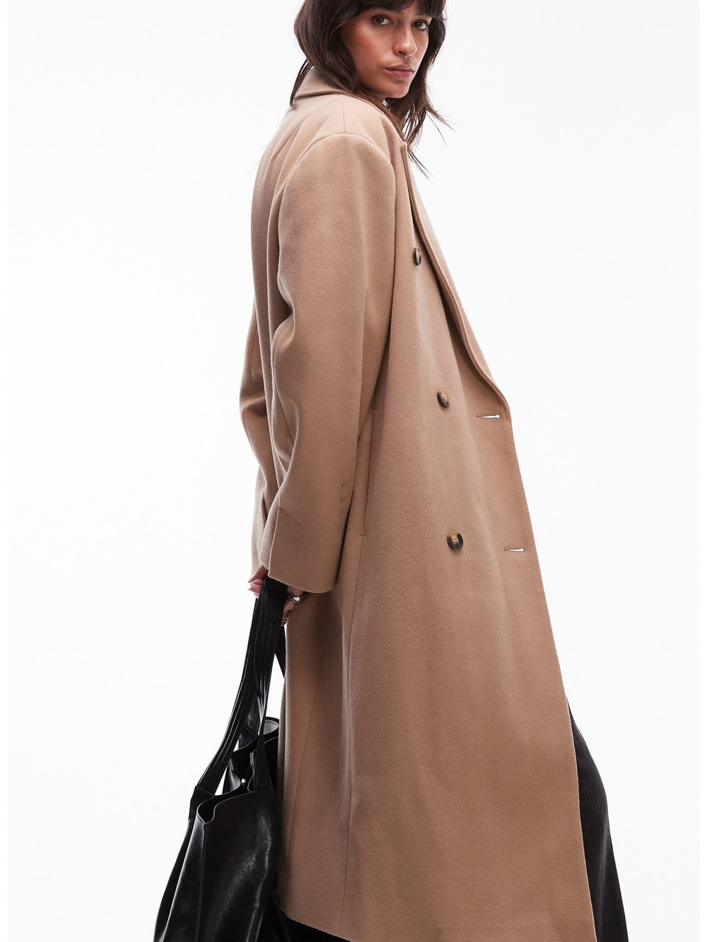 Topshop Long Camel Wool-Blend Double-Breasted Coat XS